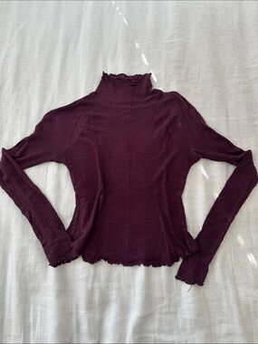 Free People Ribbed Lettuce-Edge Mock Neck Top - Plum